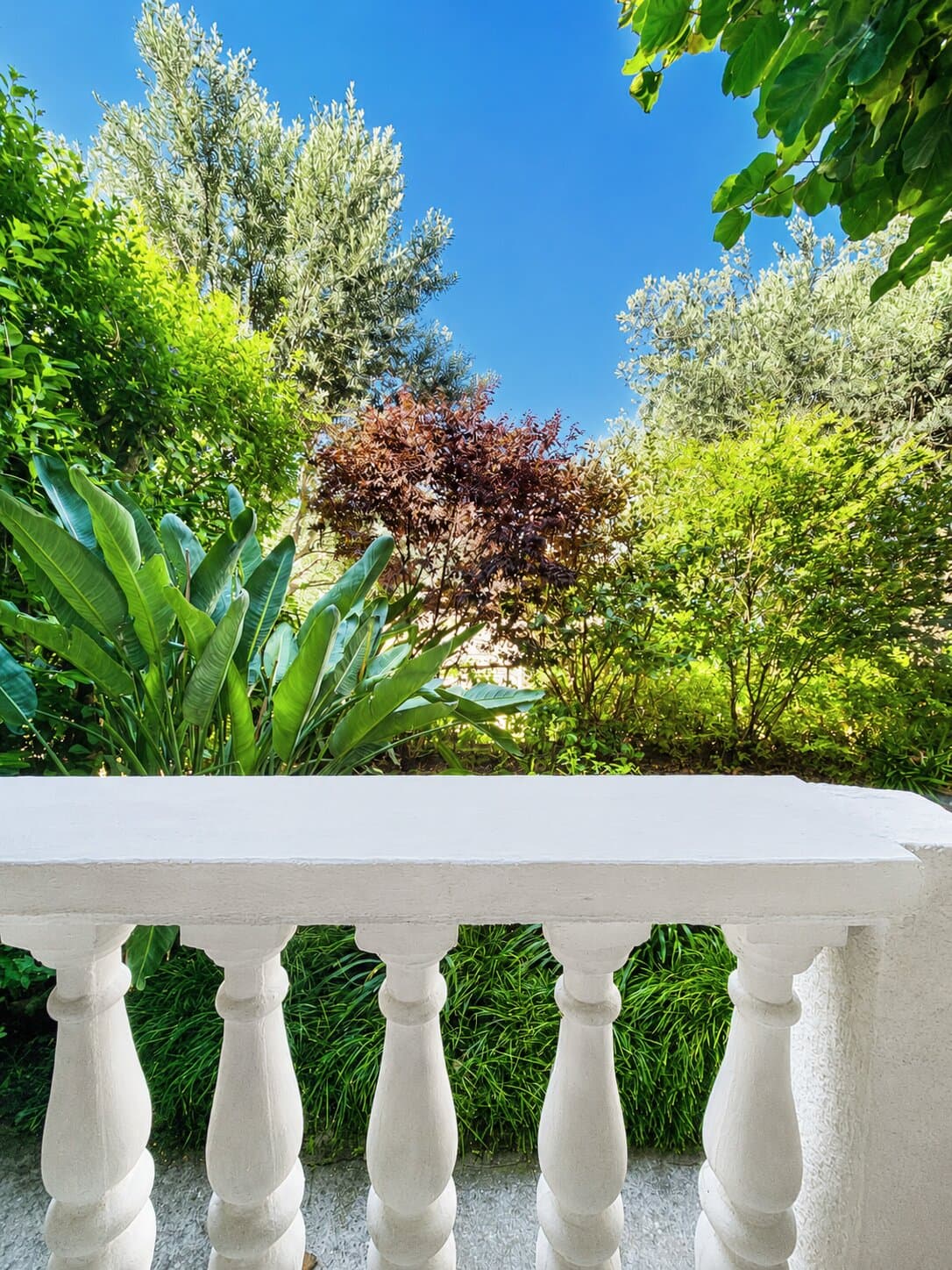 White stone balustrade of the terrace against the garden greenery
